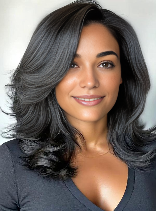 Layered Cut Medium Length Side Parting 13x6 Wavy Lace Wig
