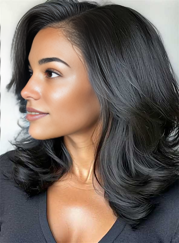 Layered Cut Medium Length Side Parting 13x6 Wavy Lace Wig