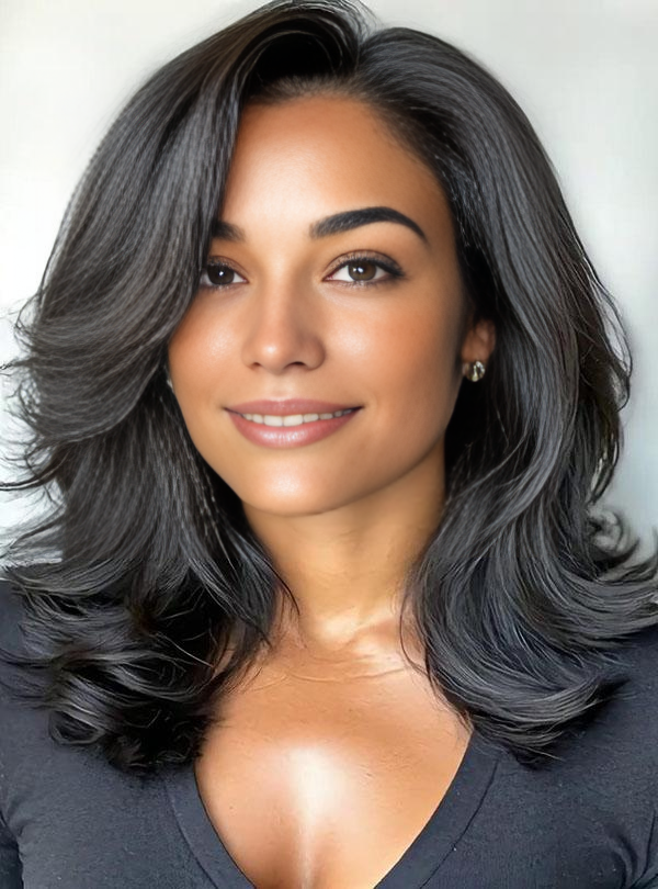 Layered Cut Medium Length Side Parting 13x6 Wavy Lace Wig